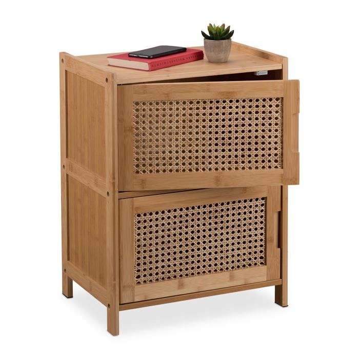 Armoire dappoint 2 Ptes en rotin HLP : 56x42x30 cm Salon Chambre 2 étagères Naturel PETIT MEUBLE DE RANGEMENT