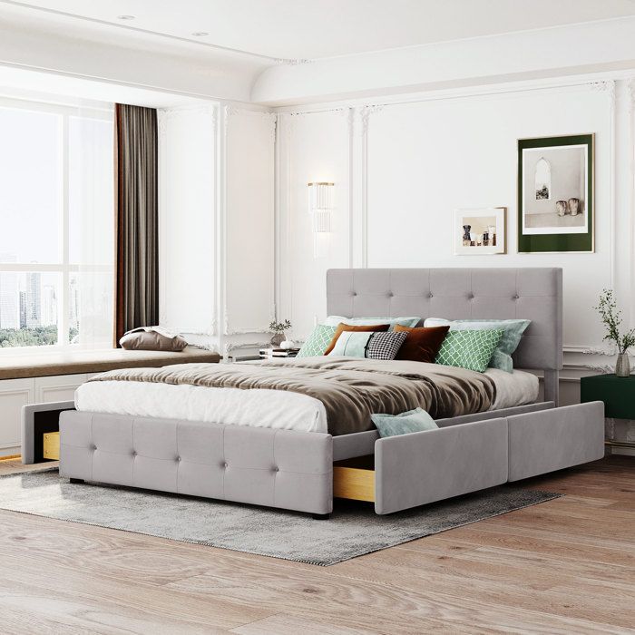 Lit rembourré double 140x200 cm en velours coloris gris avec dossier tiroirs de rangement sommier à lattes sans matelas