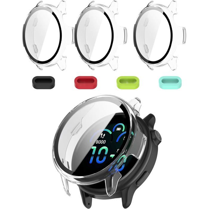 Coque avec protection décran pour Garmin Vivoactive 6 Verre 9H 3 Clear Cases + 4 Bouchons anti-poussière + Boîte ABS. Built-in