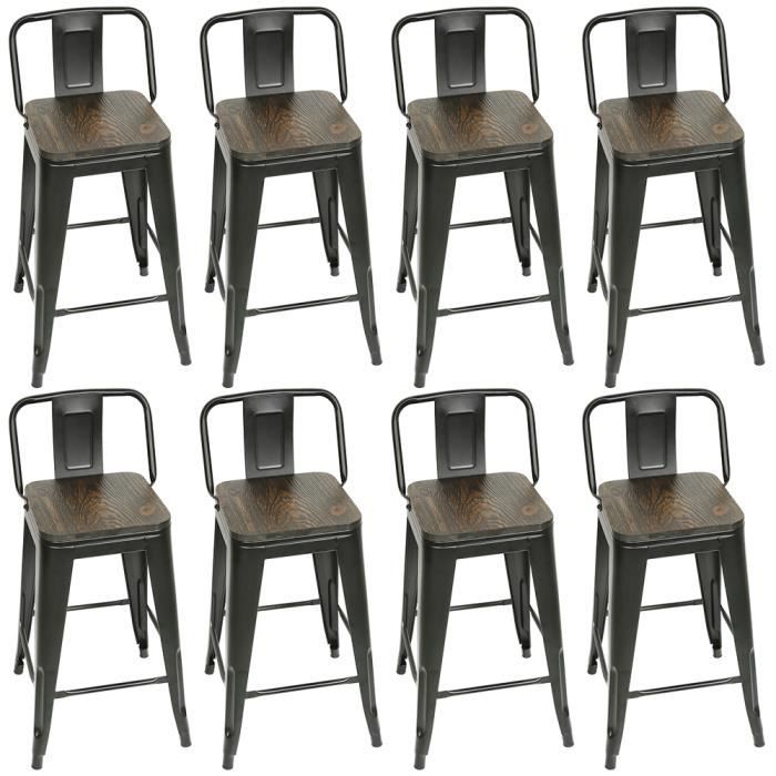 Lot de 8 Tabourets de Bar Industriel en Metal - Mixmest - Avec Assise et Dossier - Marron