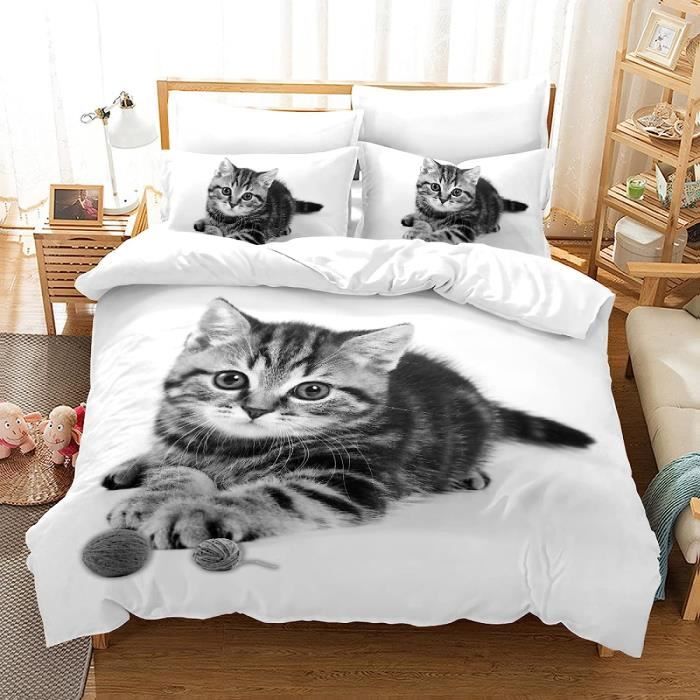 Chat Housse De Couette 200X200 Ado Avec 2 Taies D Oreiller 65X65Cm Parure De Lit 200X200 Enfant Garcon Coton Polyester Doux H2236 Cdiscount Maison