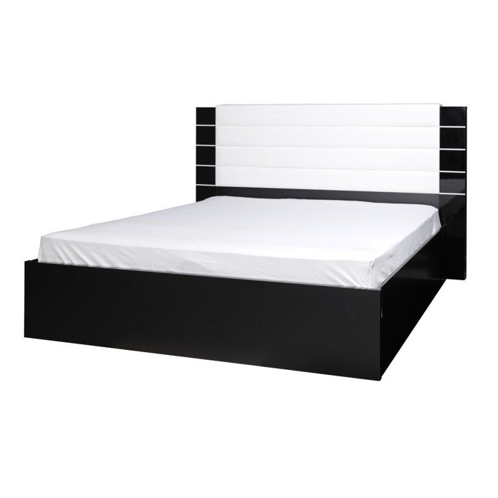 Lit LINA 160x200 noir et blanc brillant avec tête de lit en simili cuir – Sommier inclus Lit LINA 160x200 noir et blanc brillant avec tête de lit en simili cuir – Sommier inclus