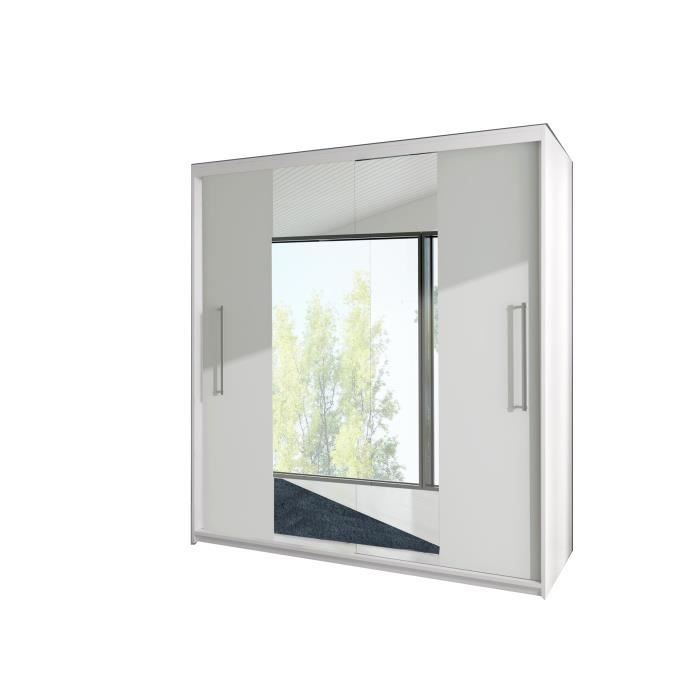 Armoire de chambre avec miroir 2 portes coulissantes - Style contemporain - L 204 cm-Nico avec Miroir (Blanc+Miroir)