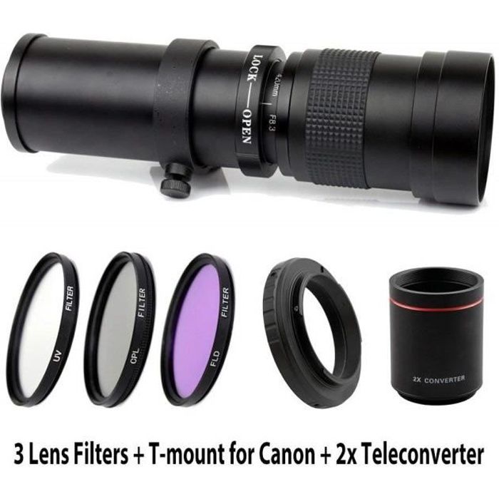 420-1600mm F/8.3-16 Super Telephoto Manual Zoom Lens + 67mm UV/CPL/FLD Filter Kit for Canon EOS Rebel T7, T7i, T6, T6i, T5, T5i