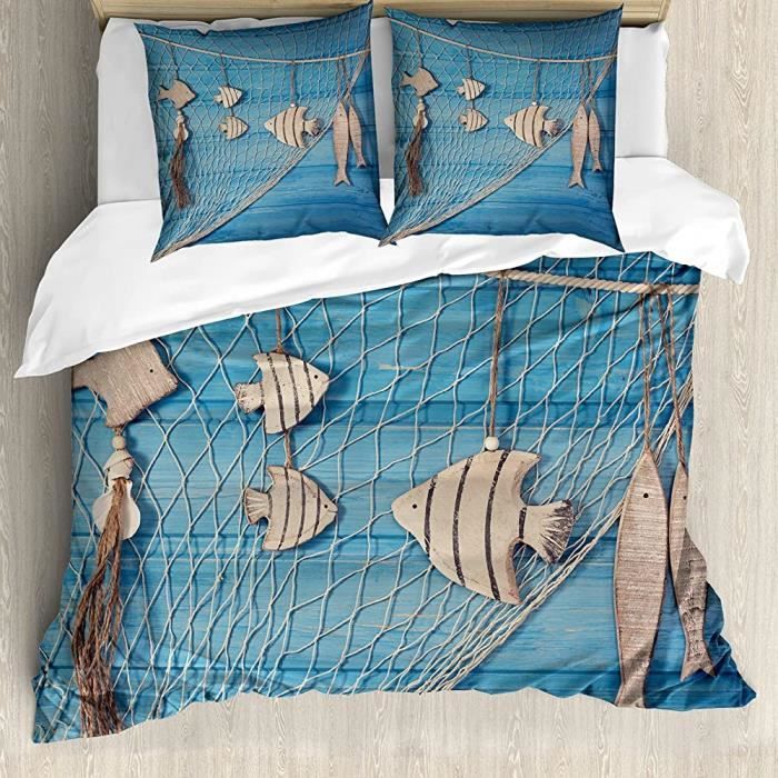 Marin Ensemble De Housse De Couette Poisson En Bois Shell Net Decor De Chambre 3pcs Beige Blue Sky 140x0cm 2490 Cdiscount Maison