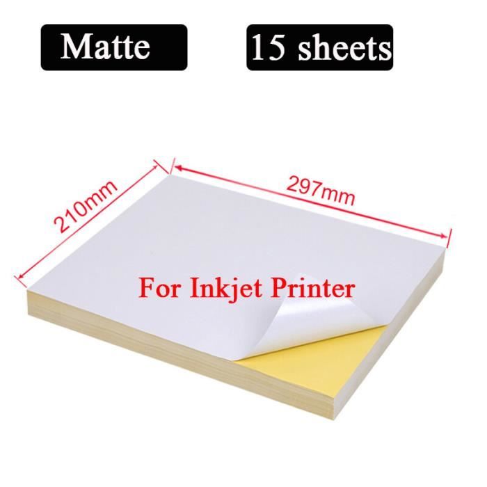 Etiquette,Papier autocollant A4 blanc mat brillant pour imprimantes à jet  d'encre ou Laser, économique, 15 feuilles- 15 Inkjet A4