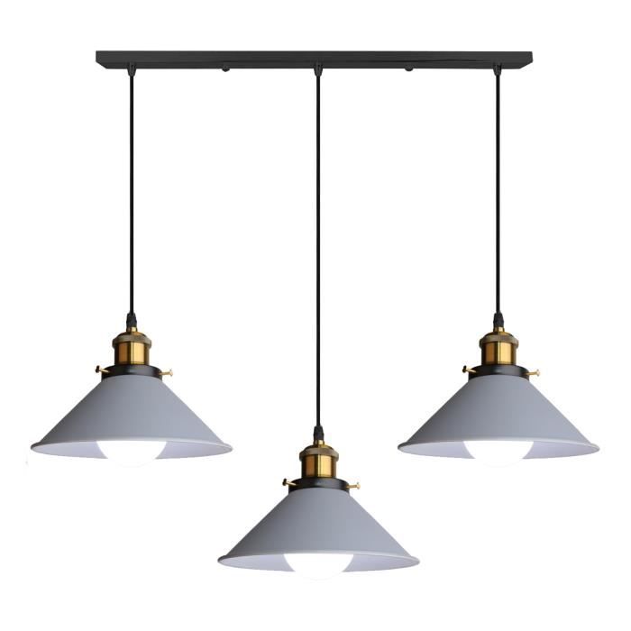 U-DO Suspension Luminaire Vintage Lampe Longue Pôle 3 Têtes Lustre Plafonnier Cage en Fer Forgé Gris