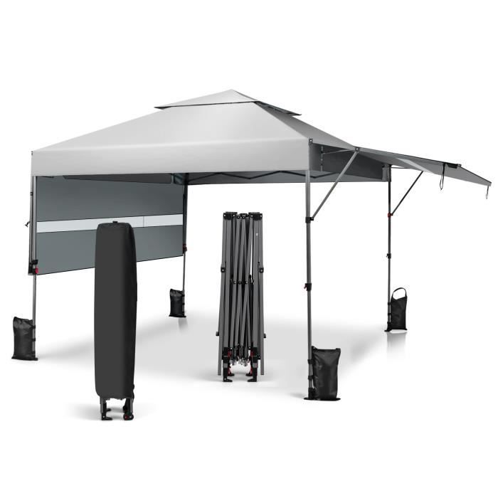 COSTWAY Tonnelle de Jardin Barnum Instantanée 3x3m avec Double Auvents 125x3cm Imperméable Sac à Roulettes Hauteurs Réglable Blanc