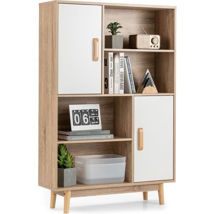 Bibliothèque Étagère COSTWAY 7 Compartiments – Meuble Rangement 4 Niveaux 80×90 Cm Noyer, Anti-Basculement