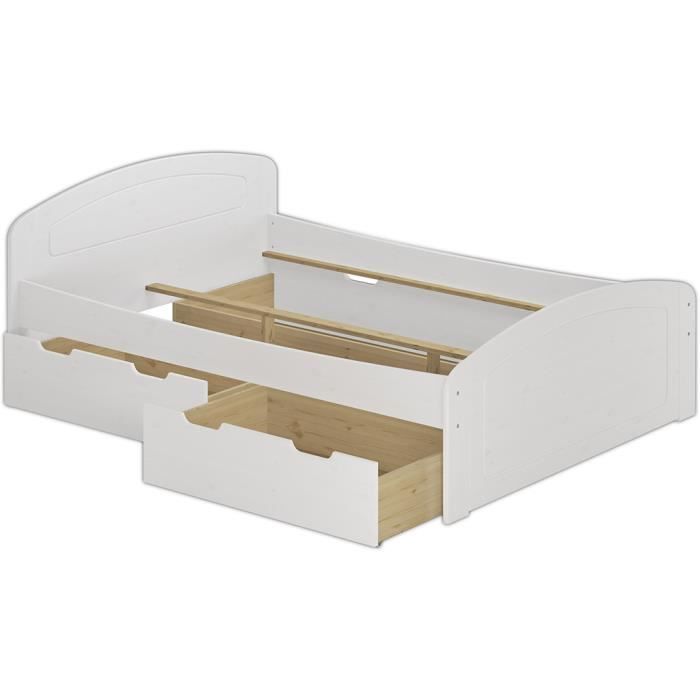 cadre de lit adulte extra haut en pin massif blanc 180x200 avec 3 tiroirs - erst-holz