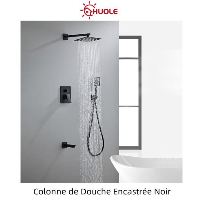 Colonne de Douche Encastrée Noir en Cuivre - HUOLE - Mitigeur thermostatique - 3 jets - Pomme haute carrée