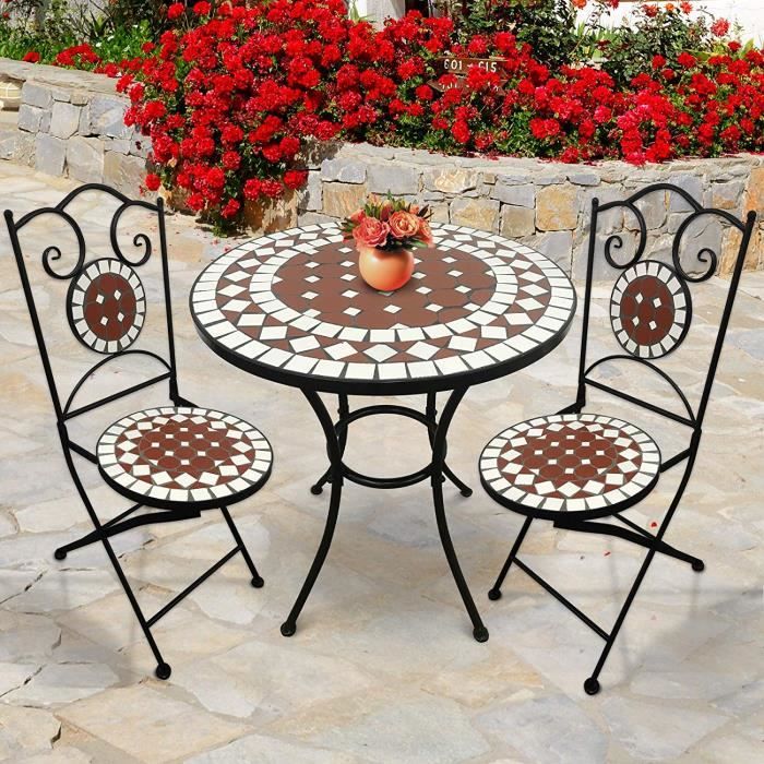Salon de Jardin Mosaïque  Table Ronde (Ø/H 60x70cm) et 2 Chaises