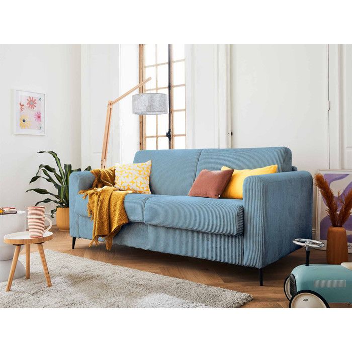 Owen - canapé lit 3 places convertible express couchage quotidien 140 cm matelas 12 cm en velours côtelé - Bleu grisé