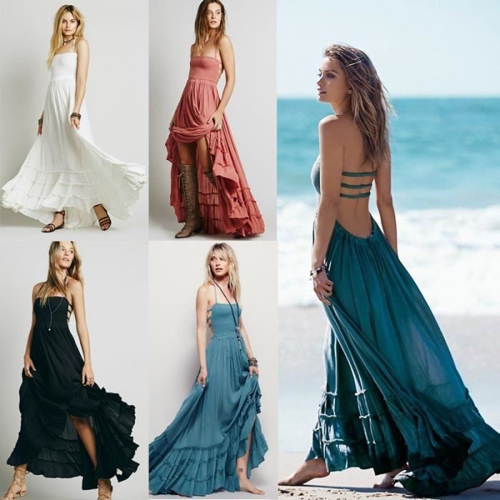 Robe Femme Noir L Sexy Boho Chic Bohème Gainante Longue Dos