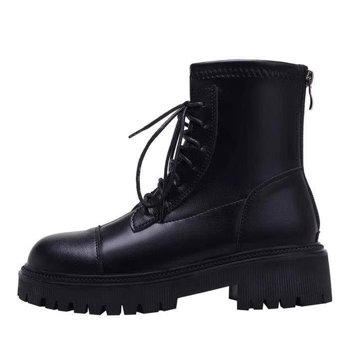 Bottes Femme Cuir Noir Talon Plat Hauteur de la tige Basse Chaussures Chaudes Noir