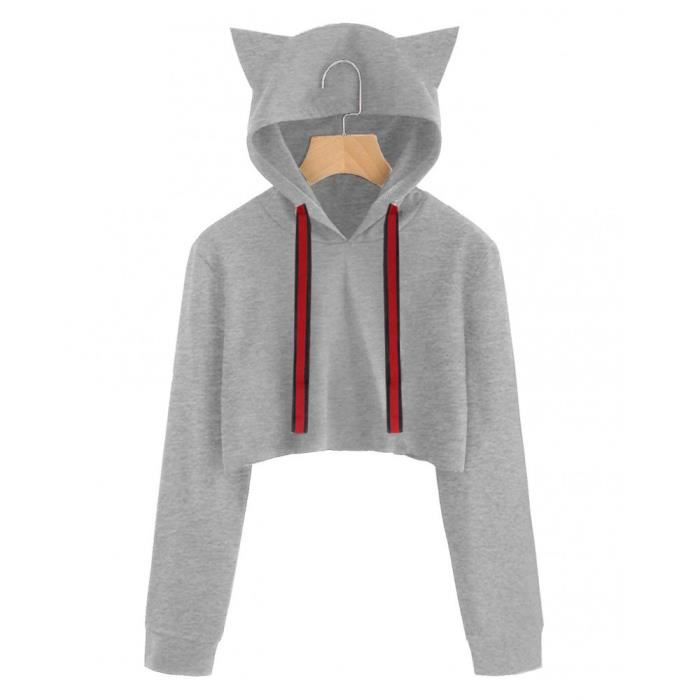 Femmes Chat A Manches Longues Sweat A Capuche Pull A Capuche Hauts Courts Chemisier Sweat Shirt Gris Gris Achat Vente Sweat Shirt De Sport Cdiscount