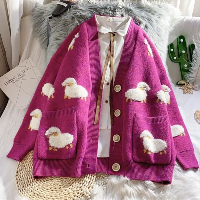 PULL Joyeux joli kawaii doux automne nouveau pull femme Cardigan en vrac manteau en tricot mignon dessin anime Type rose red Blanc Cdiscount Pret a Porter