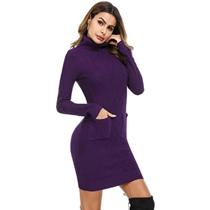 Robe pull en tricot a col roule a manches longues pull moulante pour robe pull fendue a l ourlet Violet Cdiscount Pret a Porter