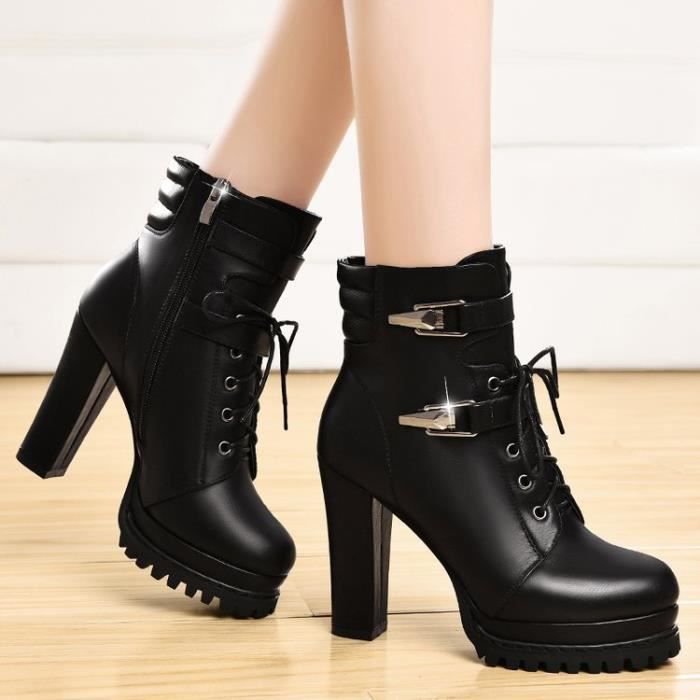 Bottines Femme Automne Hiver Noir Confortable et Chaud Noir