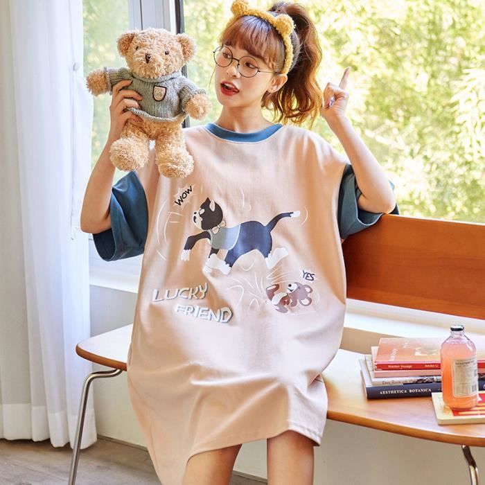 Pyjama Femme Robe de nuit Col rond Manches courtes Imprim?� Beige - Cdiscount Pr??t-?�-Porter