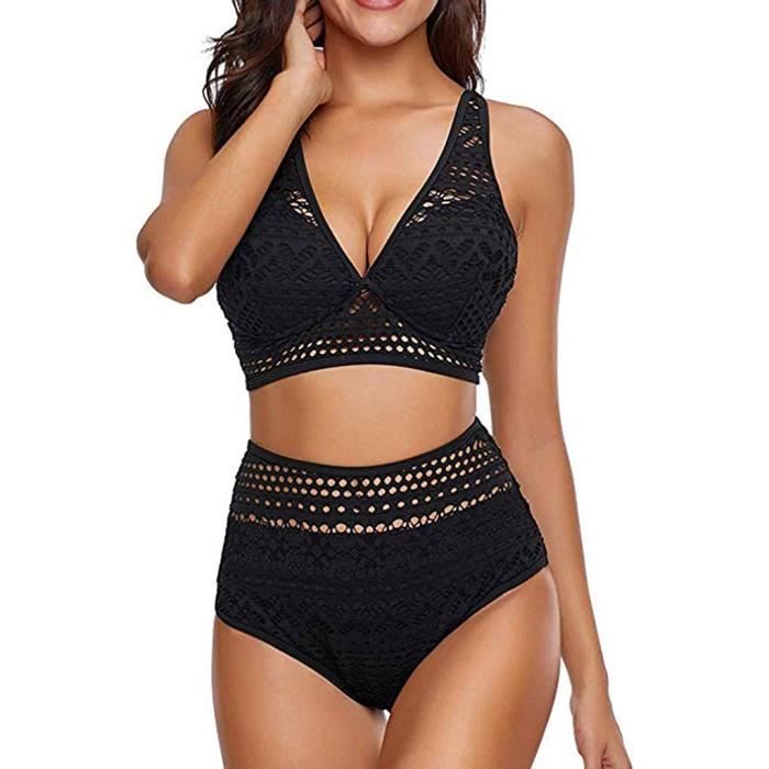 Maillot De Bain Femme 2 Pieces Gainant Noir Imprime Fleur Bretelles Reglables