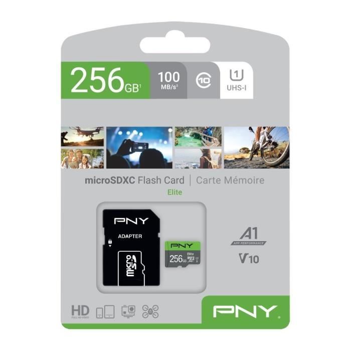 Carte mémoire microSDXC PNY ELITE 256 Go - Vitesse de lecture jusqu'à 100 Mo/s - Classe 10
