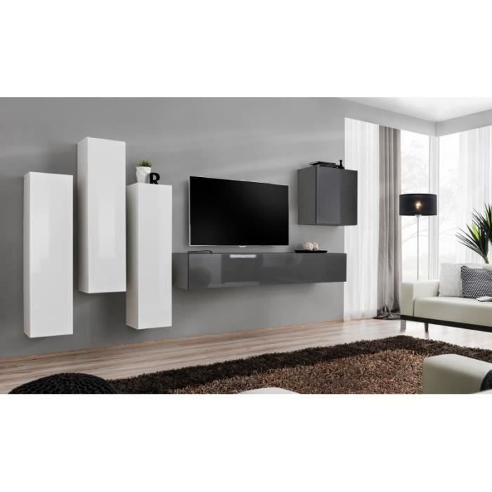 meuble tv mural - price factory - switch iii - gris et blanc brillant - 5 portes