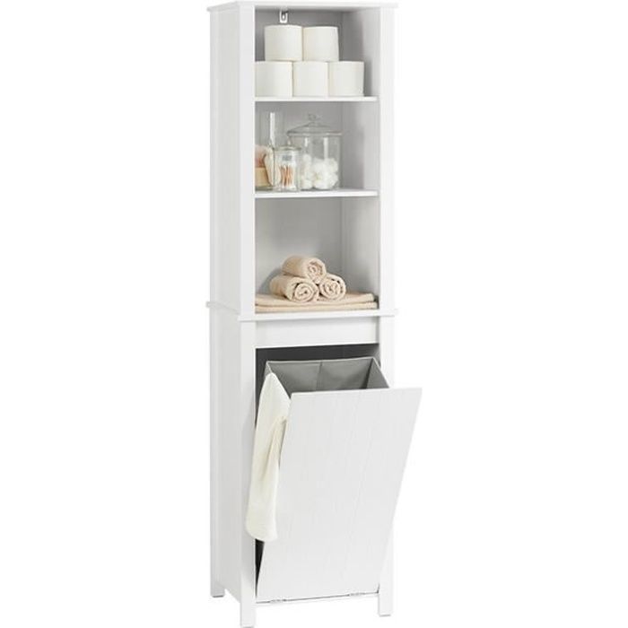 Meuble Colonne de Salle de Bain SoBuy avec Panier Linge 3 Étagères et Sac à Linge Amovible Blanc 45x35x171 cm