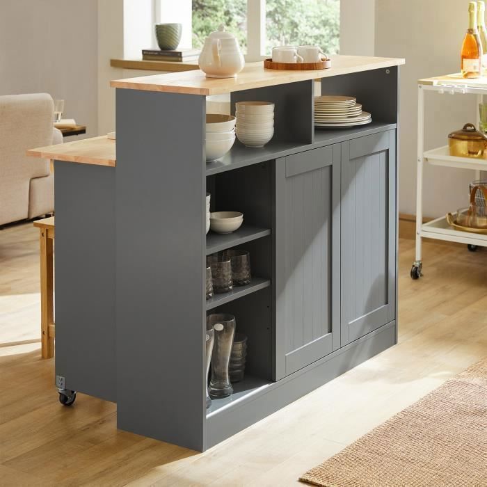 SoBuy Buffet de Cuisine avec Portes Coulissantes et Plateau Extensible Armoire de Rangement avec Table Intégrée Gris 110x68x97
