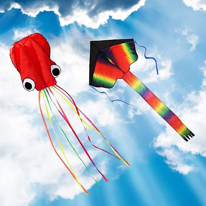 2 Pcs Grand Cerf-Volant Monofil Rainbow de Grand Triangle et Poulpe Mollusque Rouge avec Cordon de 100m pour Jeux extérieur - Jeux - Jouets