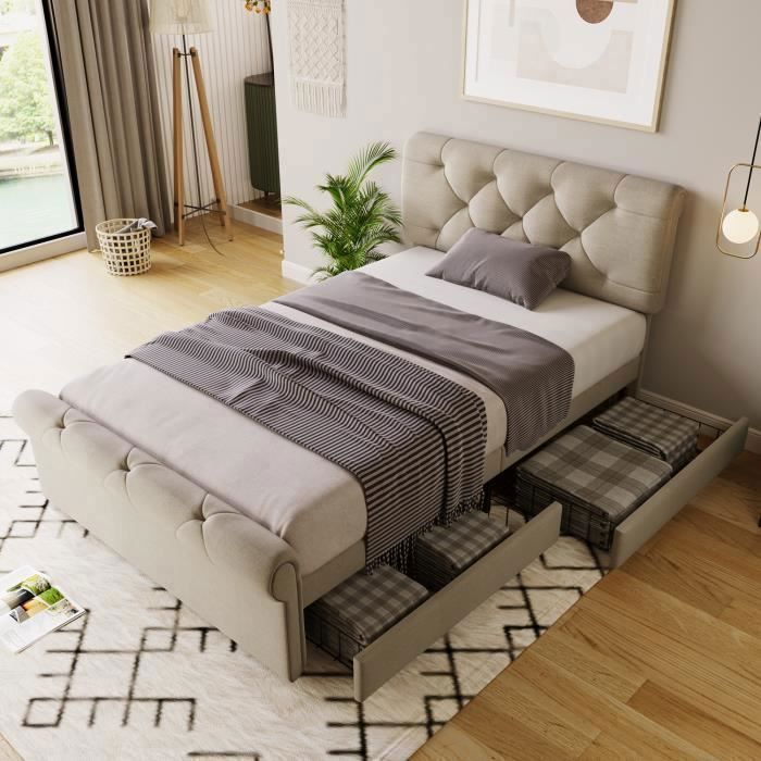 Lit adulte Tête de lit réglable en hauteur Lit fonctionnel de rangement 2 tiroirs Lit simple 90x200 cm sans matelas Lit adulte Tête de lit réglable en hauteur Lit fonctionnel de rangement 2 tiroirs Lit simple 90x200 cm sans matelas