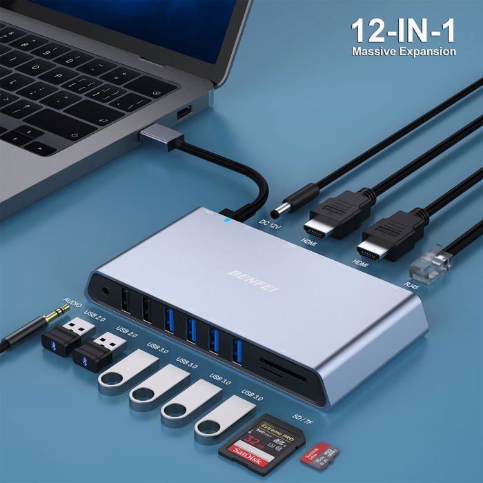 Station D'accueil BENFEI 12 En 1 – Double HDMI, 6 USB, Ethernet, SD – Pour PC Windows/Mac