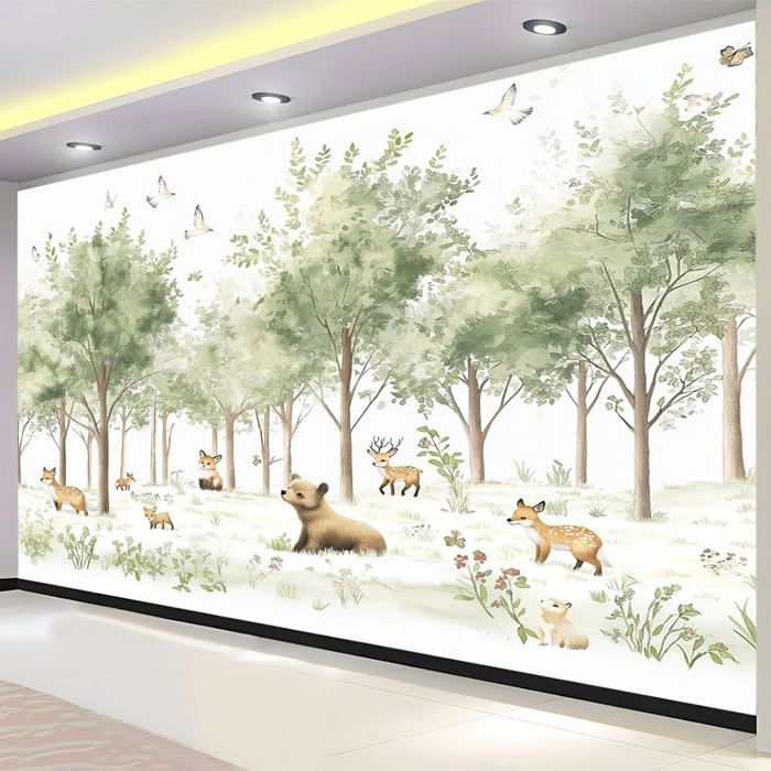 Papier Peint Panoramique Animaux De Dessin Animé Cerf Ours Renard ...