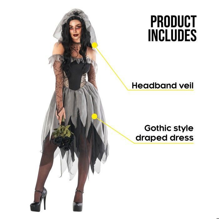 Costume Halloween Mariée Fantôme Femme - Robe Noire Gothique Avec Cape, Sorcière Vampire Zombie - 2