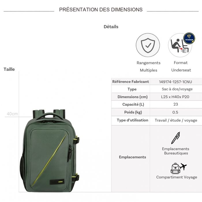 Sac à dos American Tourister Take2Cabin Vert Noir 40x26x17