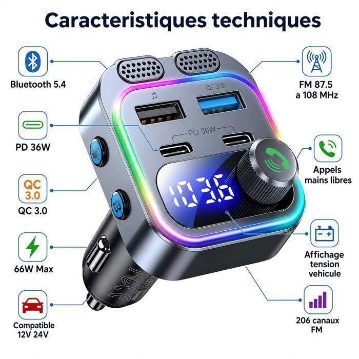 Transmetteur FM Bluetooth Voiture 2-en-1 - Charge Rapide 18W PD 20W - Appel Mains Libres - LED Colorées