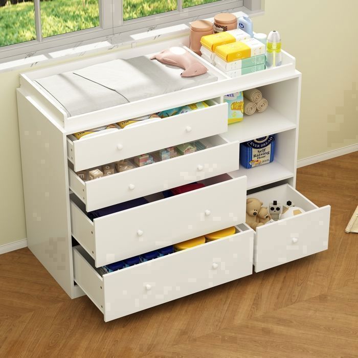 Commode à Langer Meuble à Langer Avec 5 Tiroirs Compariment Ouverts Chambre Bebe 85x46x99cm Facade Blanc