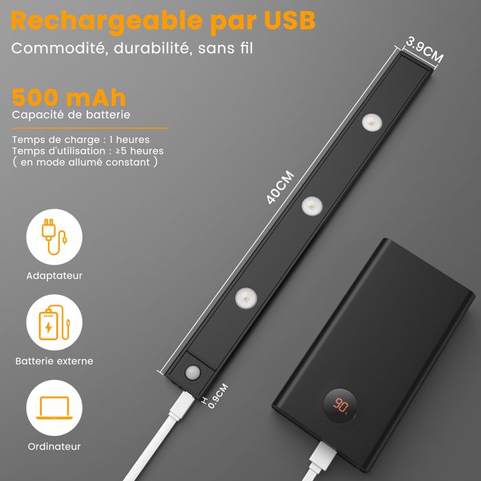 Éclairage LED Armoire Thlevel Détecteur Mouvement - USB Rechargeable, 3 Couleurs, Dimmable - 1 Pièce