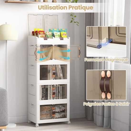 Armoire Penderie Plastique Pliable 421L COSTWAY - Boîte Rangement Avec Roulettes, Tringle Et 10 Cintres