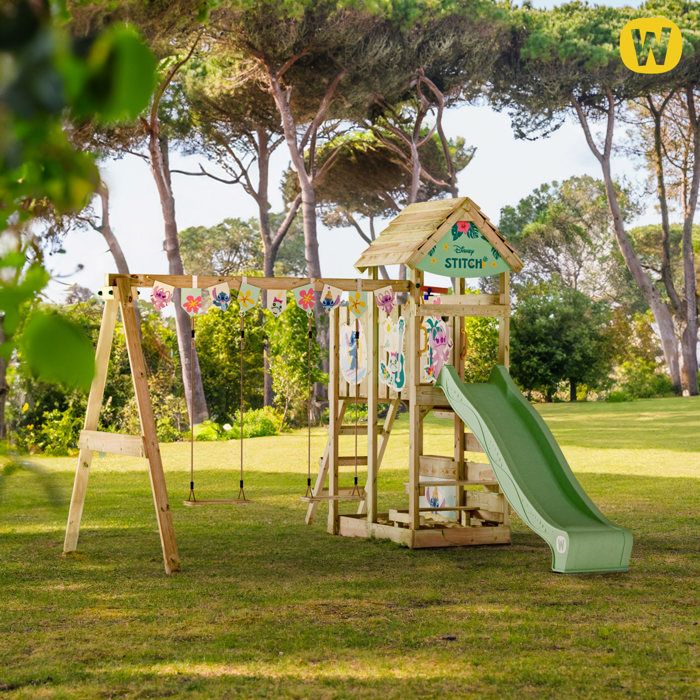 WICKEY Aire De Jeux FreeFlyer En Bois Avec Toboggan Anthracite Balancoire Double Bac A Sable Et Mur Escalade 87460245