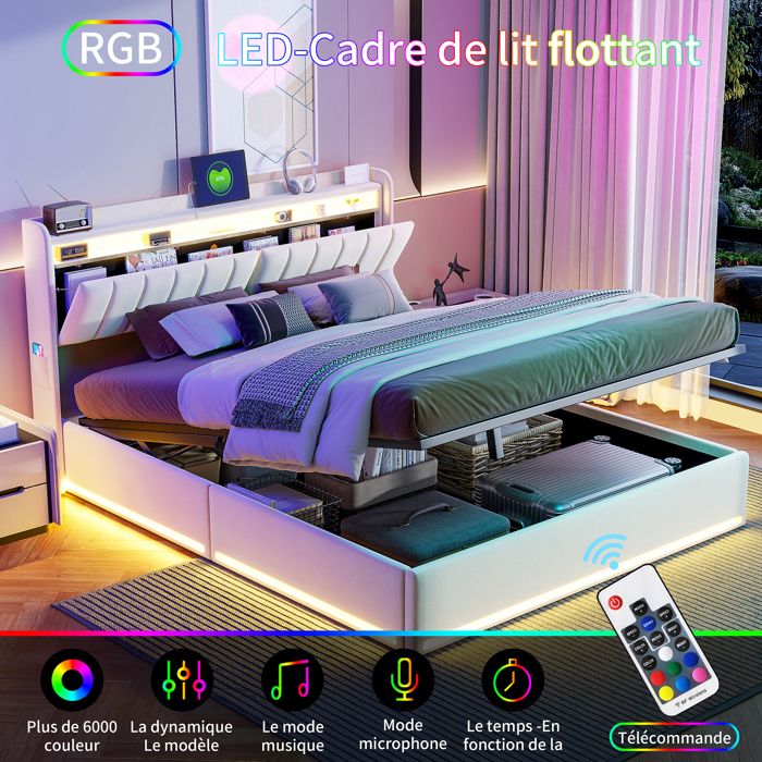 AOGLLATI Lit Coffre 140×200 avec LED et Ports USB,Tête de Lit capitonné avec Étagères Ouvertes et Rangement Caché, lit 2 Personnes avec Hydraulique, Sommier à Lattes, Lin Gris Foncé(sans Matelas