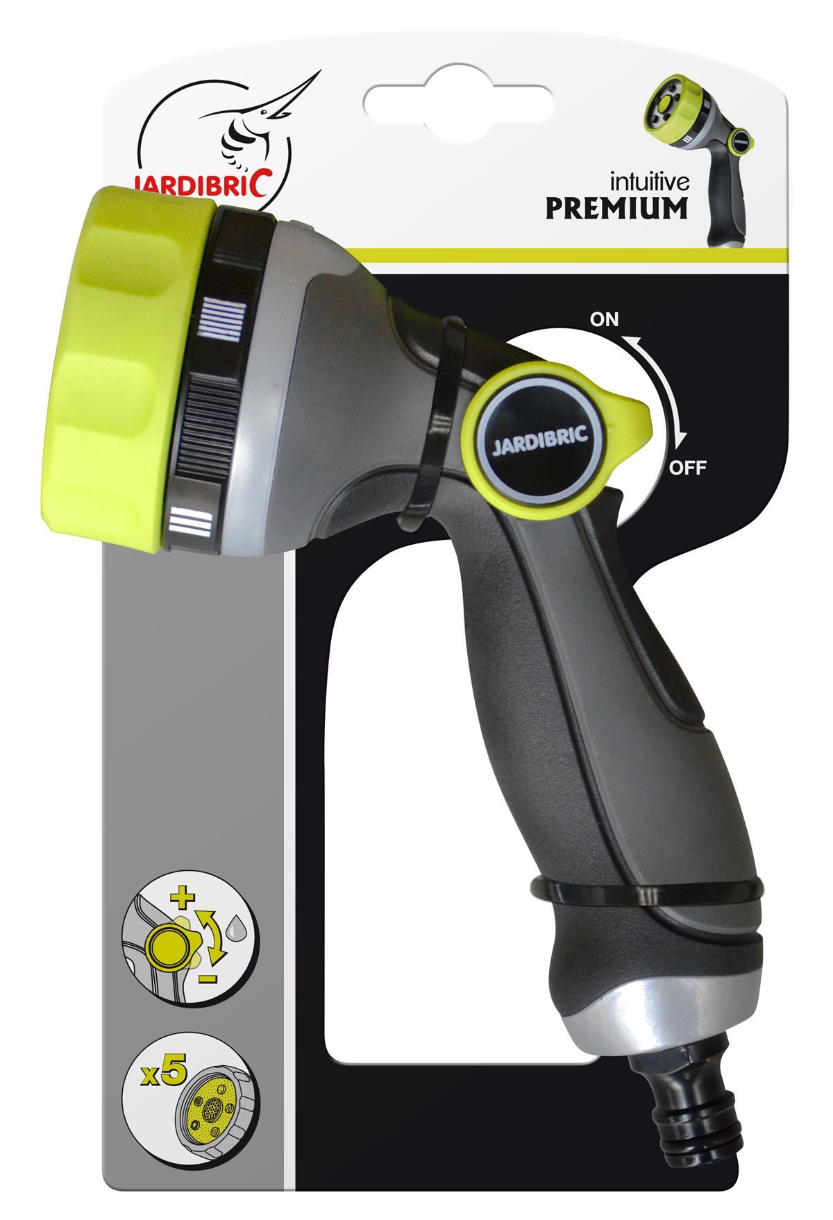 Pistolet D'Arrosage Métal Gainé Jardibric 3 En 1 Avec 5 Jets Gamme Premium