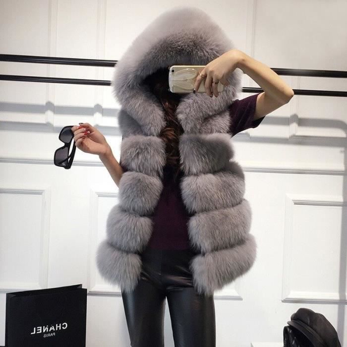 Gilet 2020 hiver sans manches fausse fourrure manteau avec capuche