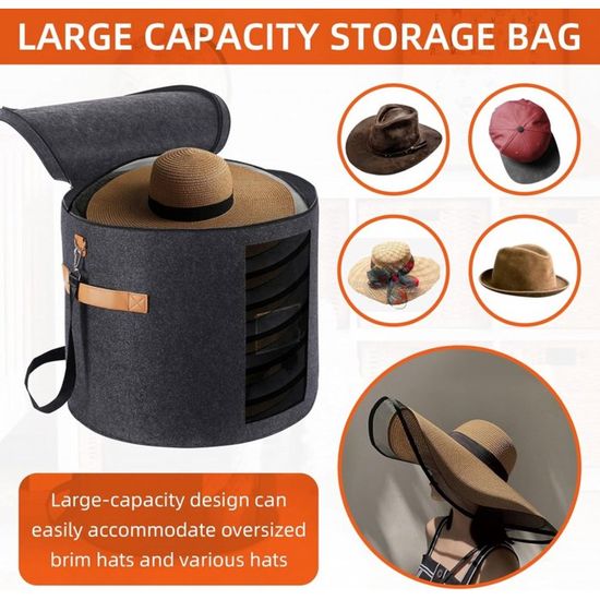 Boîte De Rangement Pliable Ronde Avec Couvercle à Zip - 42 X 26 Cm (environ) - En Feutre Gris, Poignée En Cuir - Pour Chapeaux Ou Voyage