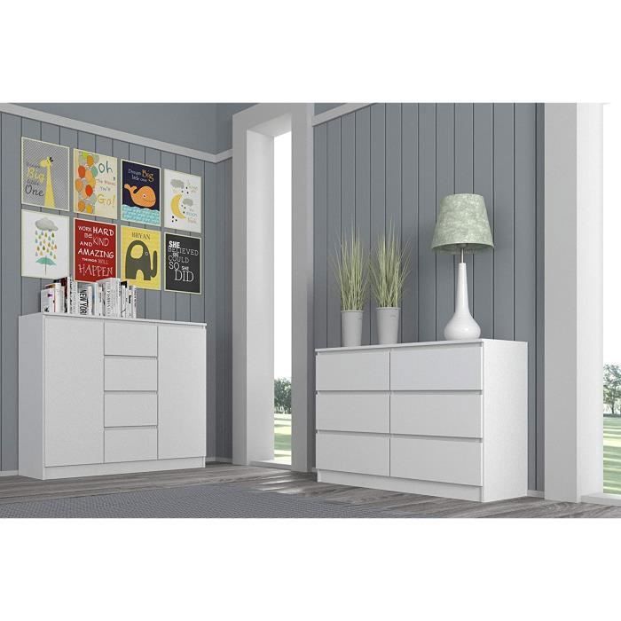 Commode blanche 140 cm - 6 Tiroirs - Meuble de Rangement Chambre - Dimensions 138x40x75 cm - Design Moderne et Élégant - Maison