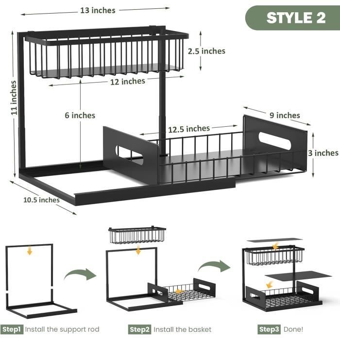 Cocolemon Organisateur Sous Évier Cuisine Métal - Tiroir Coulissant 2 Étages En Forme De L, Rangement Stable Grande Capacité Jusqu'à 25 Kg, Noir