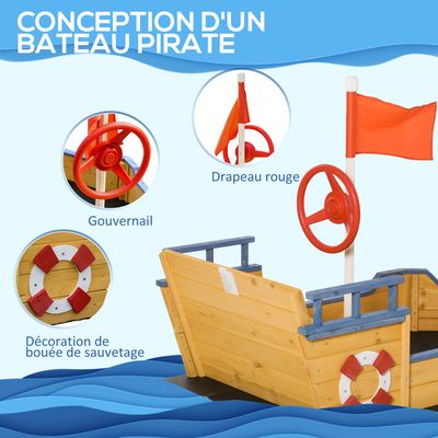 Bac à sable forme de bateau pirate boîte à sable pour enfant gouvernail drapeau rouge 2 marches et espace de rangement - Jeux - Jouets Bac à sable forme de bateau pirate boîte à sable pour enfant gouvernail drapeau rouge 2 marches et espace de rangement - Jeux - Jouets