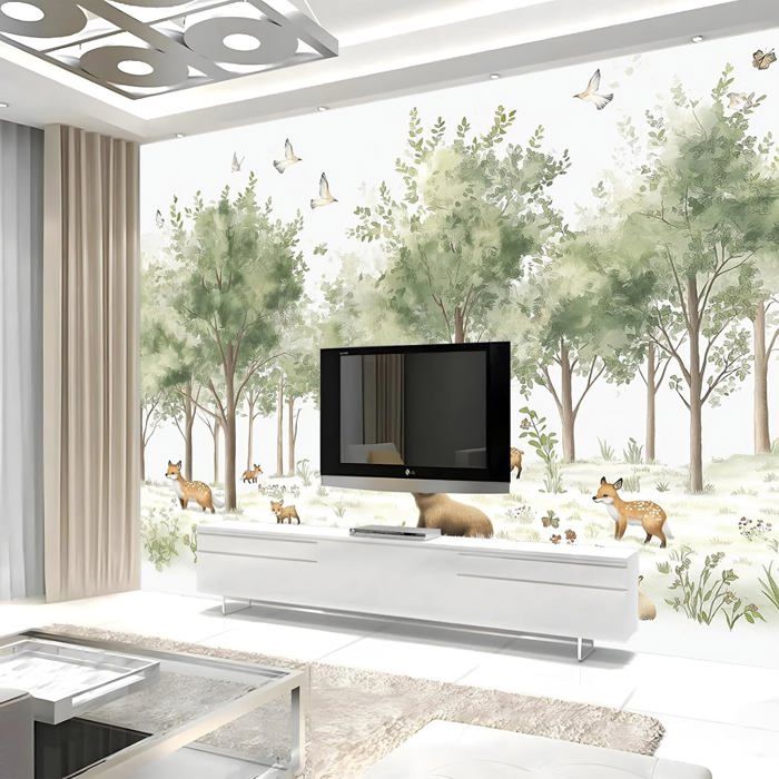 Papier Peint Panoramique Animaux De Dessin Animé Cerf Ours Renard ...