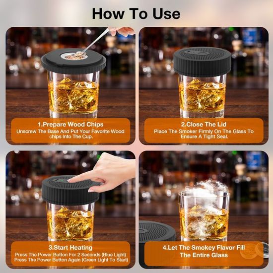 Kit Fumoir électrique Pour Cocktails Et Whisky - 6 Saveurs De Copeaux De Bois (chêne, Pomme...), Rechargeable USB - Cadeau Pour Amateur De Spiritueux - 13