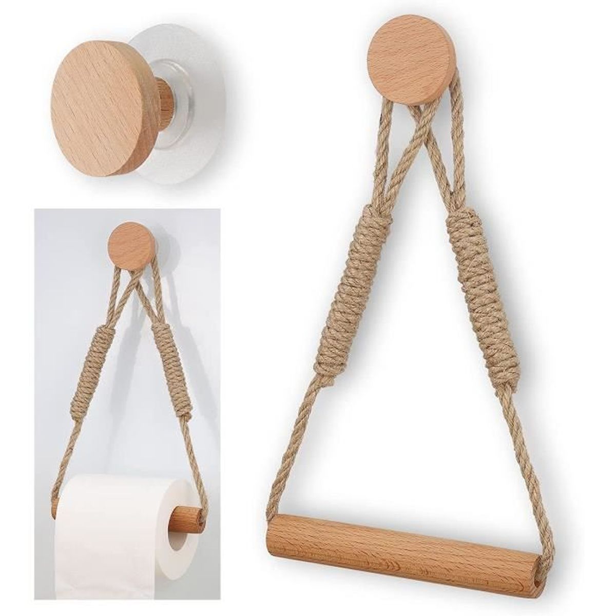Porte-papier Toilette Bohème Sans Perçage - Support Mural En Bois Et Corde